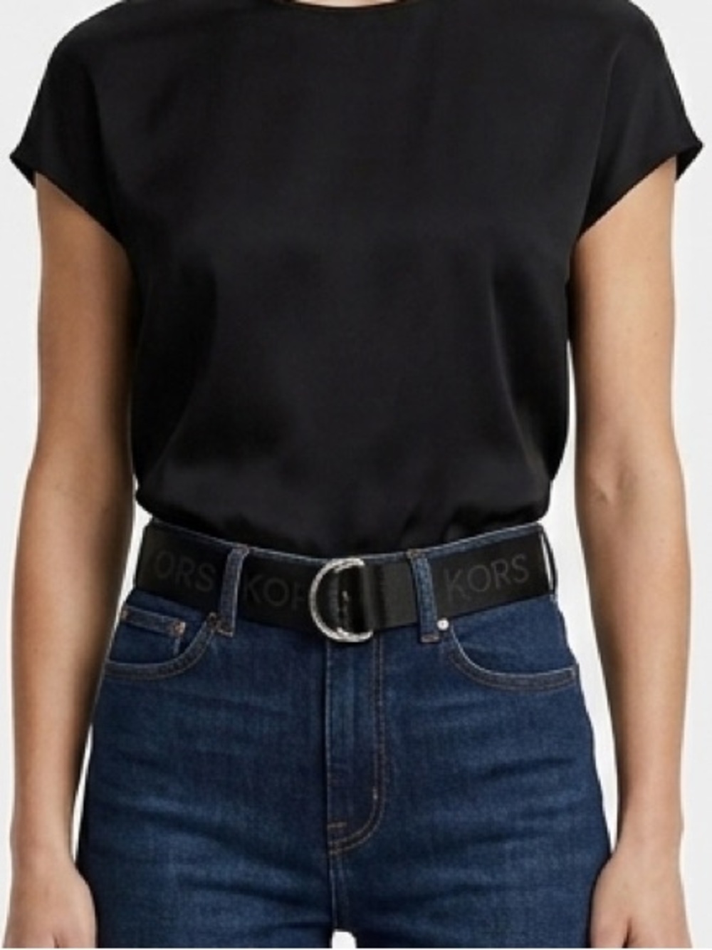 Michael Kors Black Logo Webbing Belt with Silver Double Rings